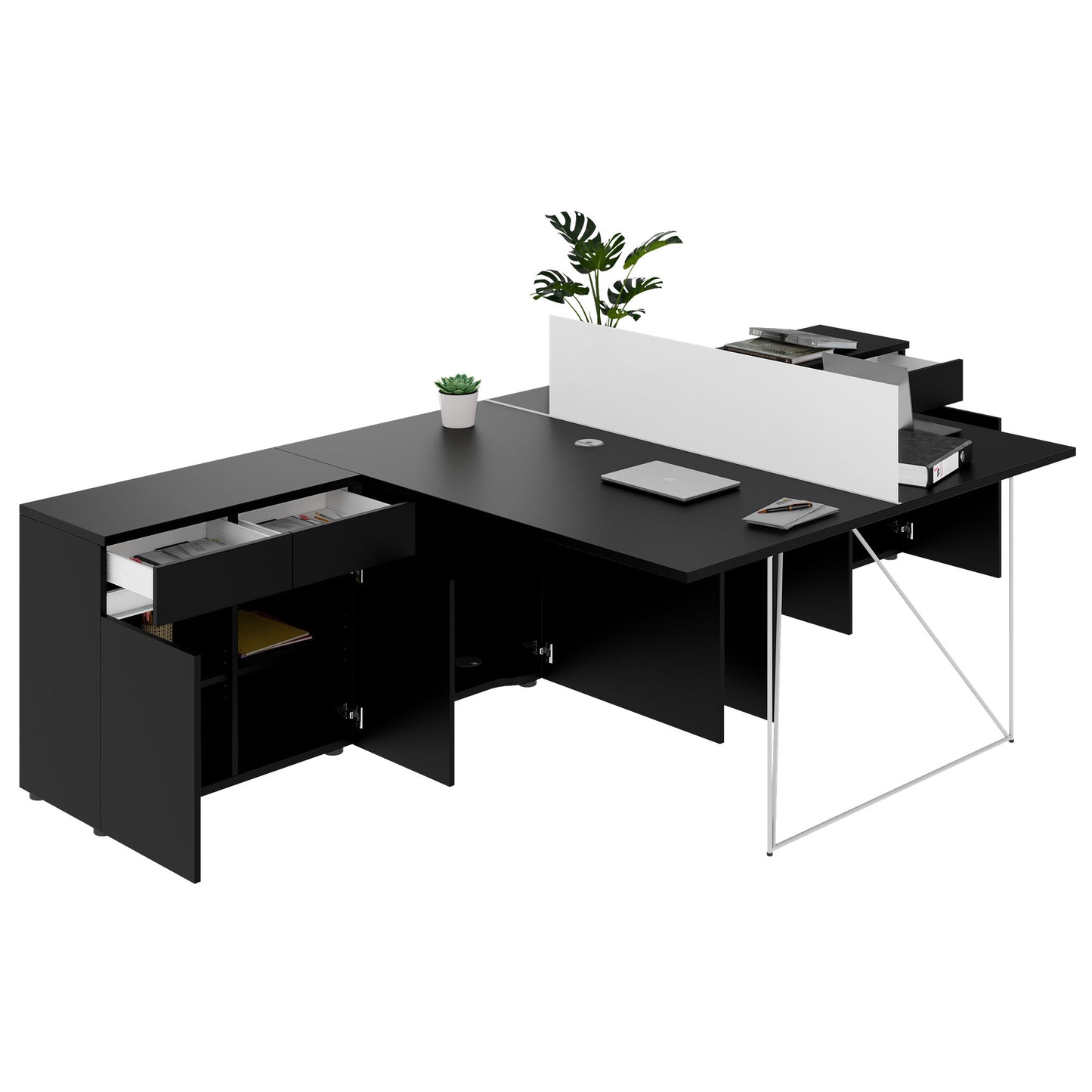 Bureau d'équipe AIR DUO avec buffets | 1600 - 2000 x 3200 mm, électrifié, noir