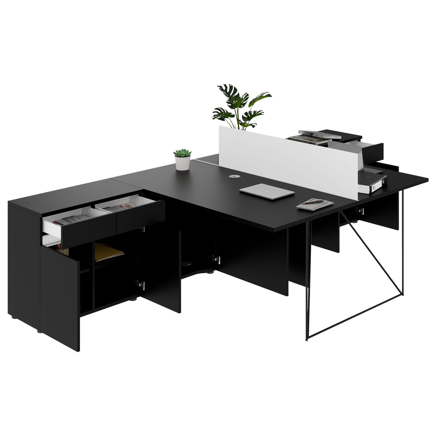 Bureau d'équipe AIR DUO avec buffets | 1600 - 2000 x 3200 mm, électrifié, noir