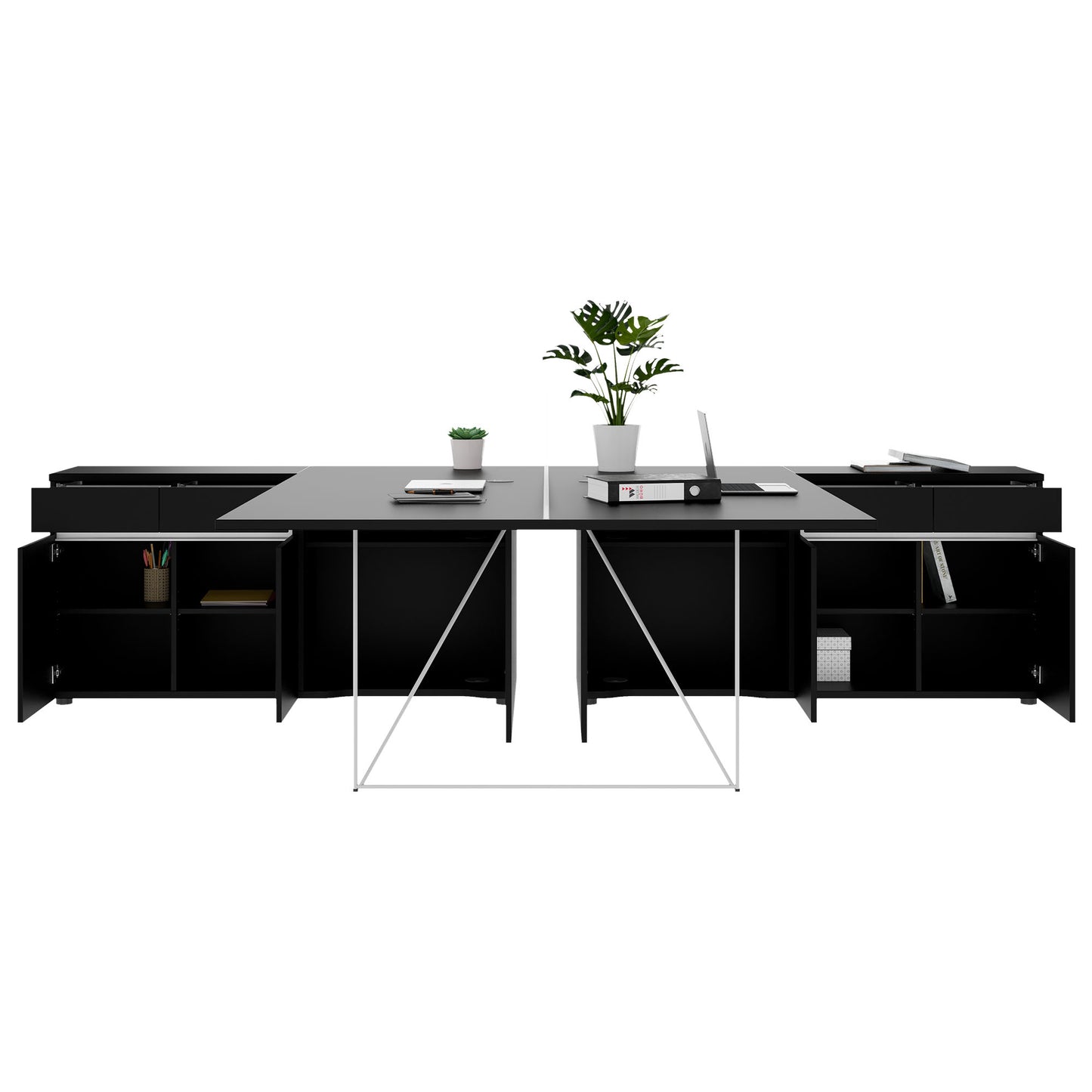 AIR DUO Team-Schreibtisch mit Sideboards | 1600 - 2000 x 3200 mm, elektrifiziert, Schwarz