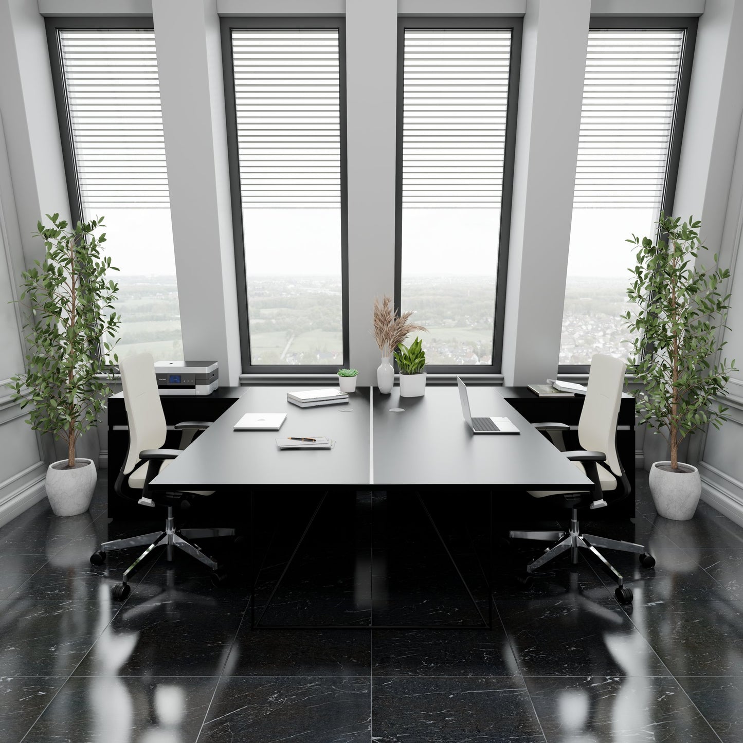 AIR DUO Team-Schreibtisch mit Sideboards | 1600 - 2000 x 3200 mm, elektrifiziert, Schwarz