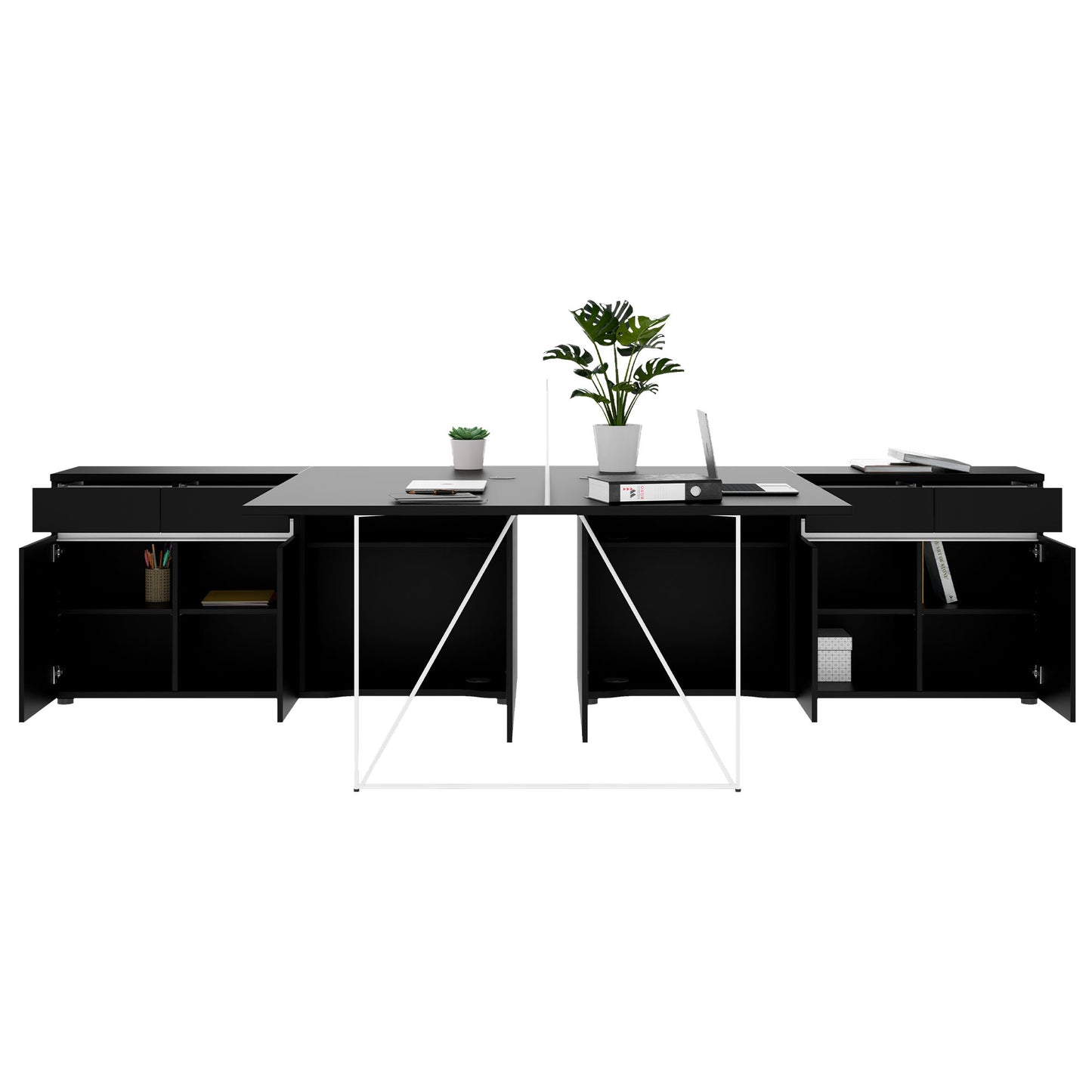AIR DUO Team-Schreibtisch mit Sideboards | 1600 - 2000 x 3200 mm, elektrifiziert, Schwarz