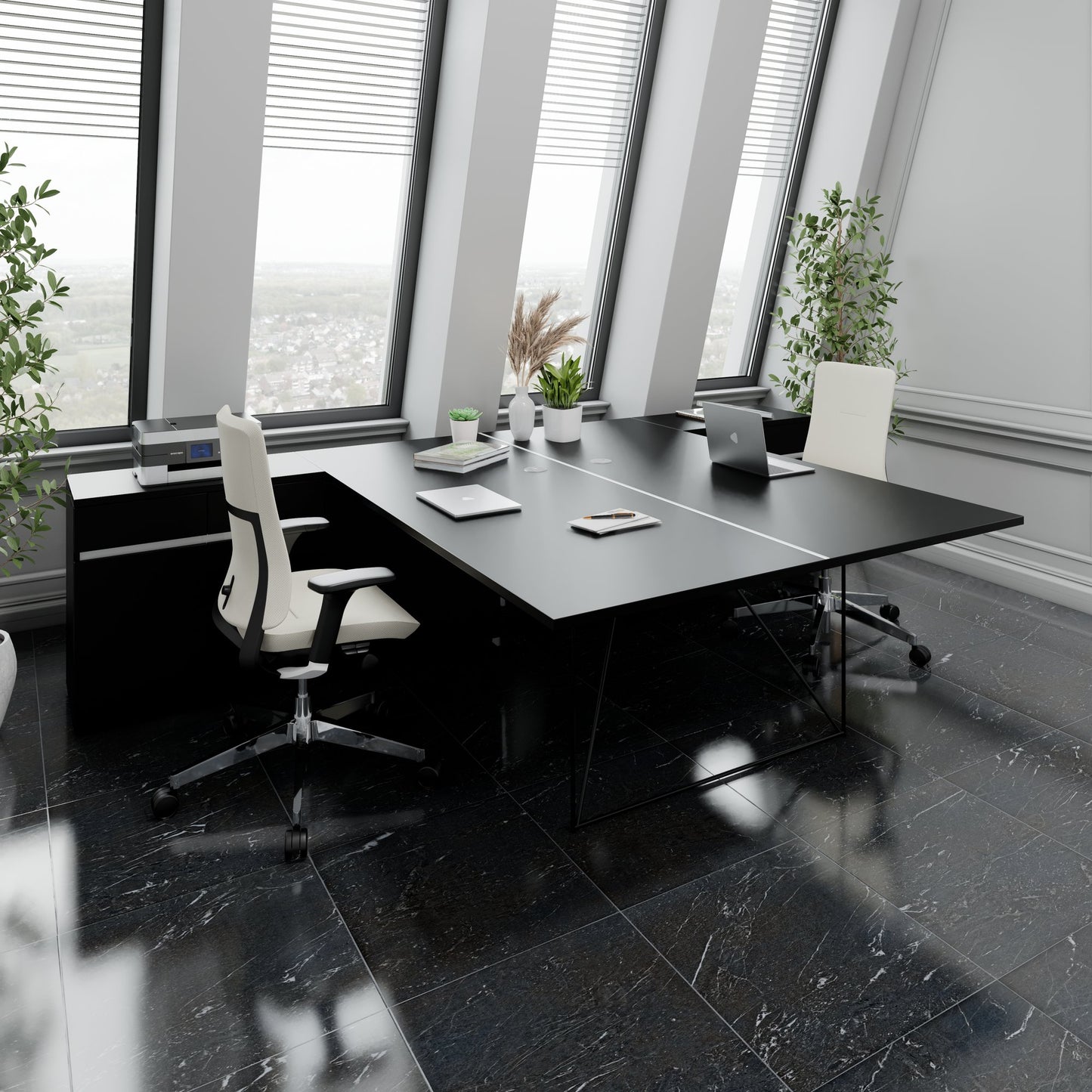 AIR DUO Desk del team con sideboard | 1600 - 2000 x 3200 mm, elettrificato, nero