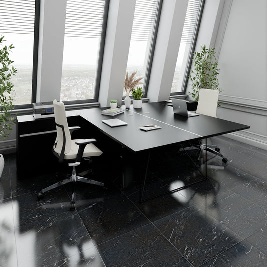 AIR DUO team desk with sideboards | 1600 - 2000 x 3200 mm, electrified, black