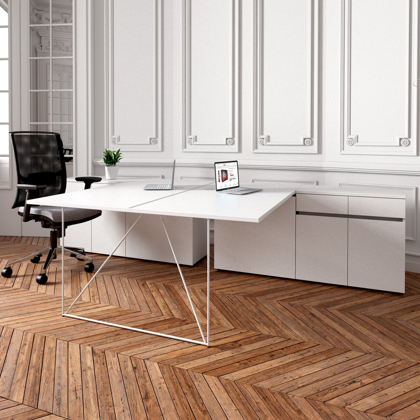 AIR DUO Team-Schreibtisch mit Sideboards | 1600 - 2000 x 3200 mm, elektrifiziert, Schwarz