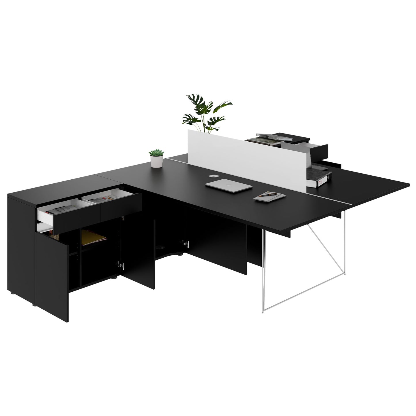 AIR DUO Team-Schreibtisch mit Sideboards | 1600 - 2000 x 3200 mm, elektrifiziert, Schwarz