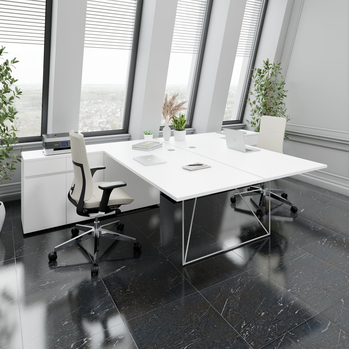 AIR DUO Desk del team con sideboard | 1600 - 2000 x 3200 mm, elettrificato, bianco
