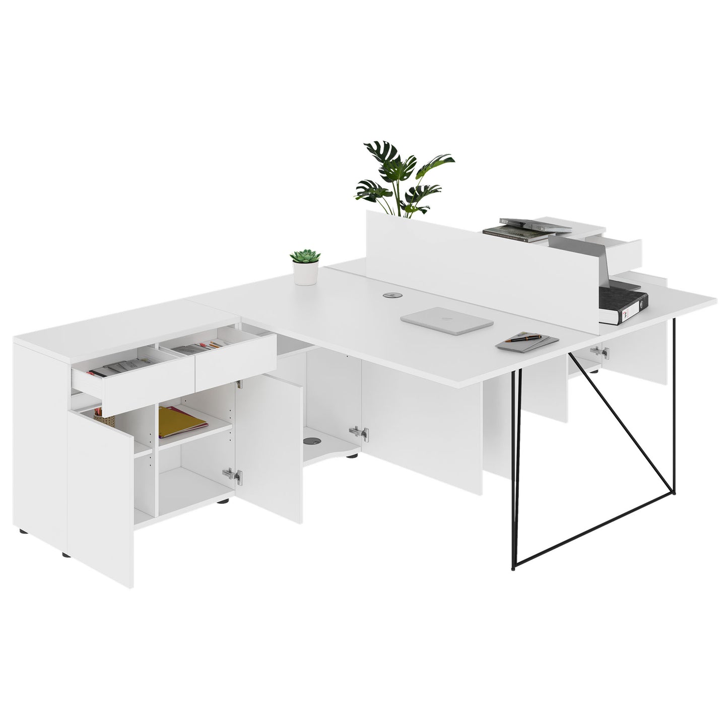 AIR DUO Team-Schreibtisch mit Sideboards | 1600 - 2000 x 3200 mm, elektrifiziert, Weiß