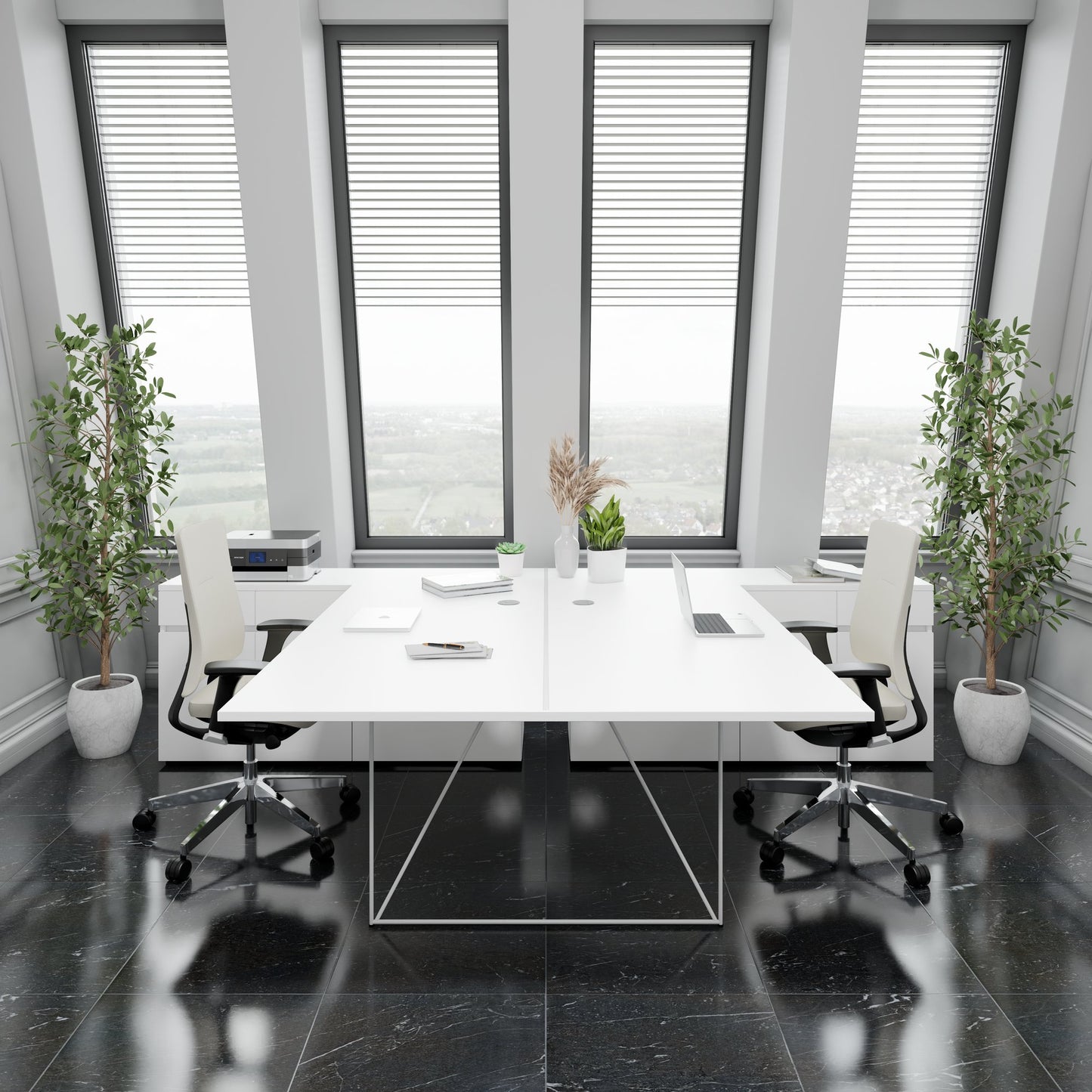 AIR DUO Desk del team con sideboard | 1600 - 2000 x 3200 mm, elettrificato, bianco