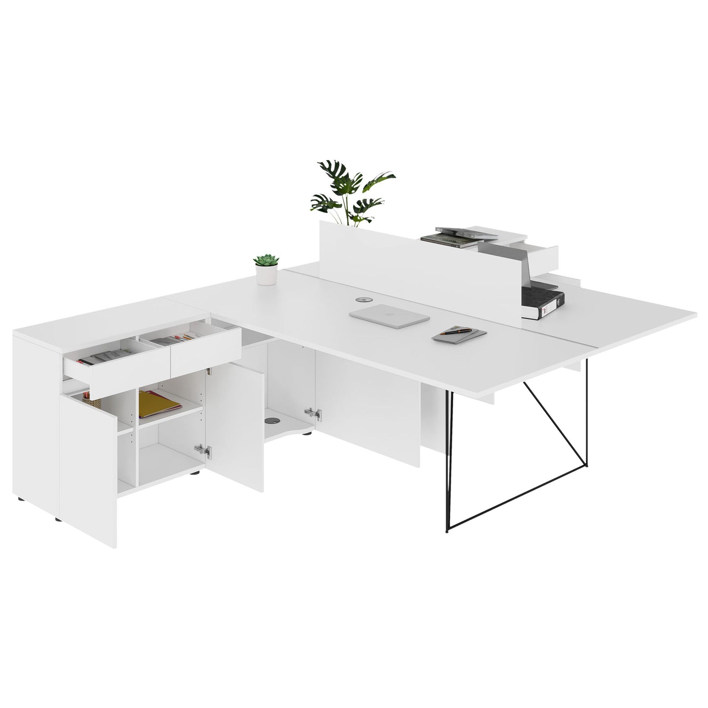 AIR DUO Desk del team con sideboard | 1600 - 2000 x 3200 mm, elettrificato, bianco