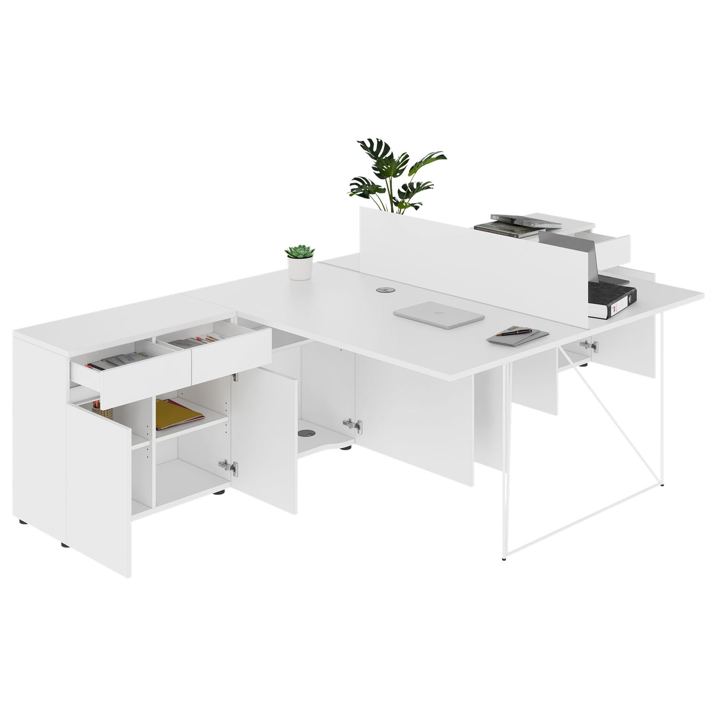 AIR DUO Team-Schreibtisch mit Sideboards | 1600 - 2000 x 3200 mm, elektrifiziert, Weiß