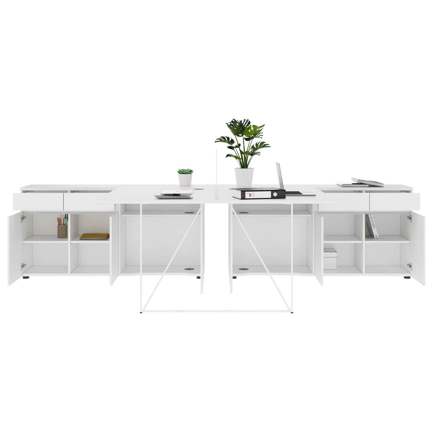 AIR DUO Team-Schreibtisch mit Sideboards | 1600 - 2000 x 3200 mm, elektrifiziert, Weiß