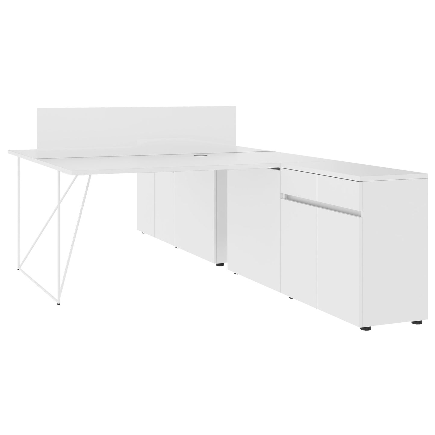 AIR DUO Team-Schreibtisch mit Sideboards | 1600 - 2000 x 3200 mm, elektrifiziert, Weiß