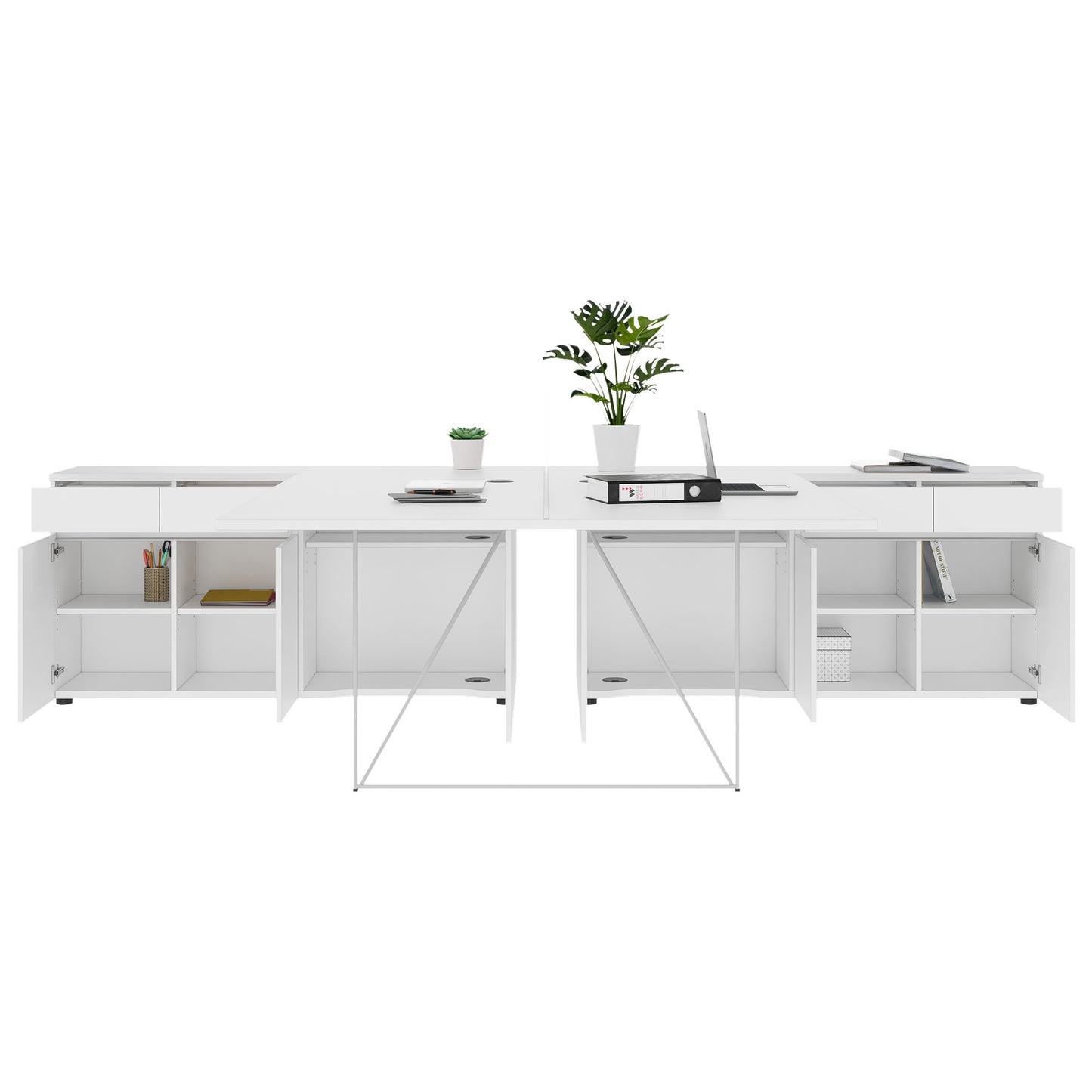 AIR DUO Team-Schreibtisch mit Sideboards | 1600 - 2000 x 3200 mm, elektrifiziert, Weiß