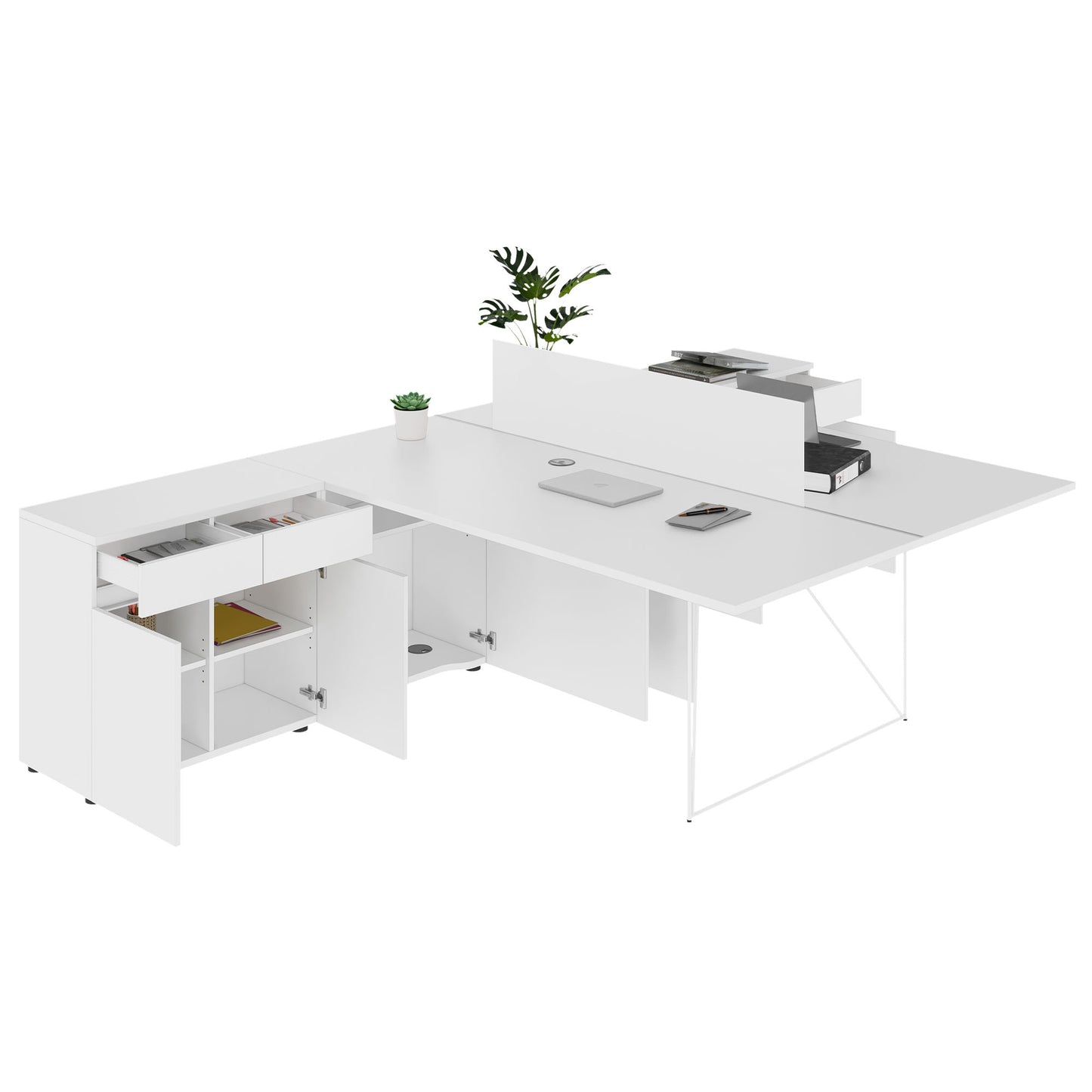 AIR DUO Desk del team con sideboard | 1600 - 2000 x 3200 mm, elettrificato, bianco