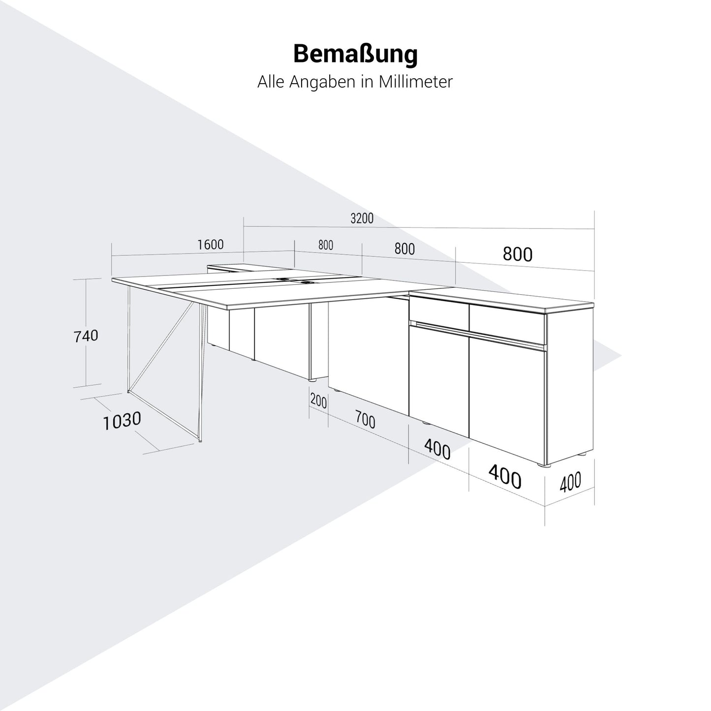 AIR DUO Team-Schreibtisch mit Sideboards | 1600 - 2000 x 3200 mm, elektrifiziert, Weiß