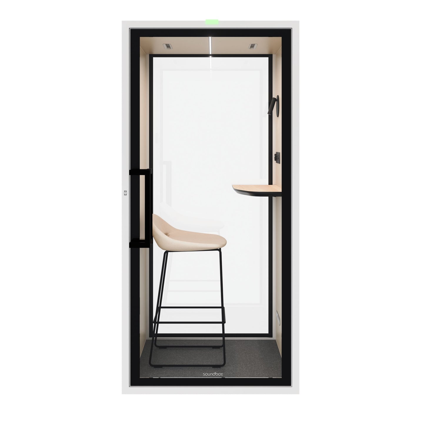 Soundbox ART S Telefonbox | Schallschutz Klasse A | Für 1 Person | Tisch & Barhocker | Belüftung, Beleuchtung & Stromversorgung | Für Großraumbüros