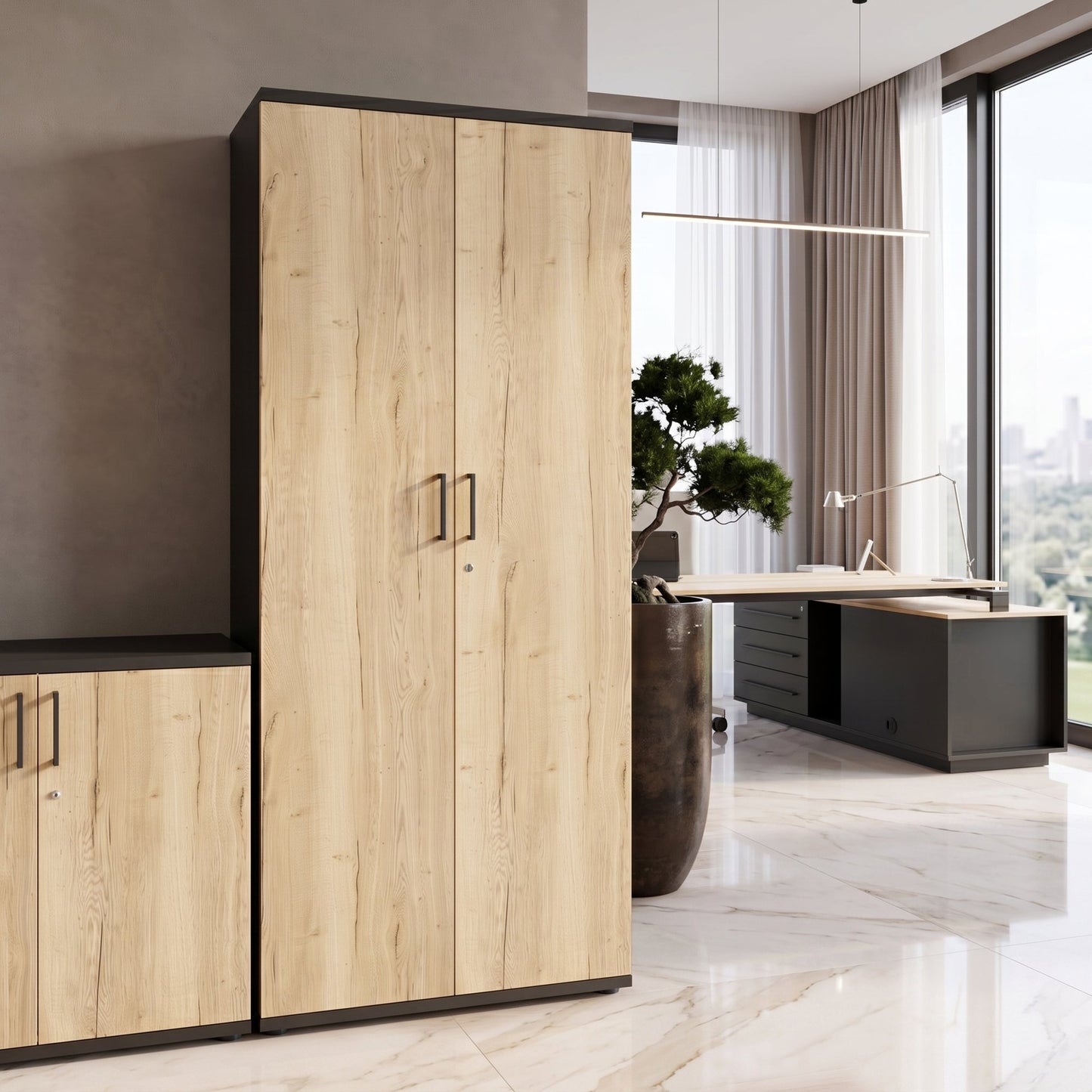 UNI Flügeltürenschrank | 5 OH, 800 x 1897 mm, Anthrazit / Wildeiche