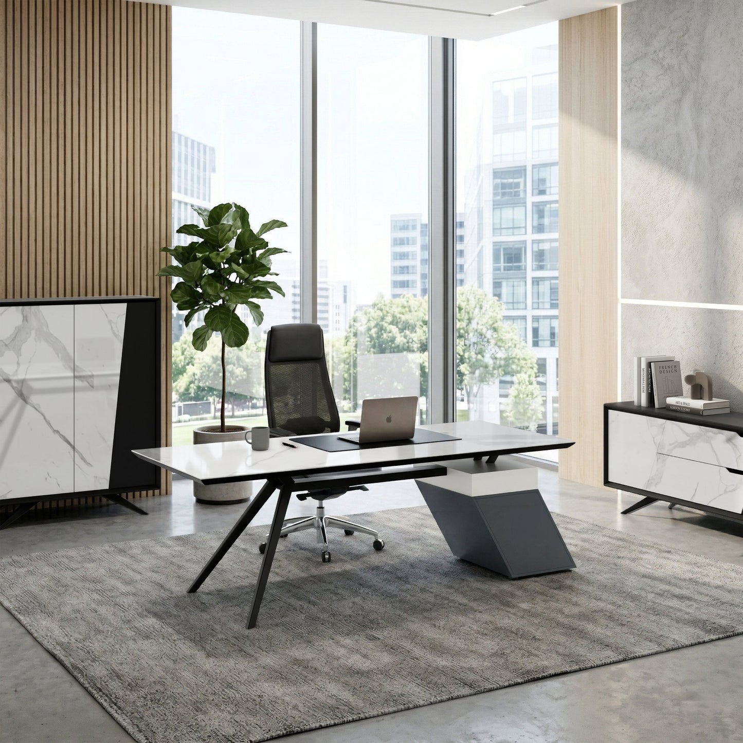 VYND Chefschreibtisch | 2400 x 800 mm, Tischplatte aus Sinterquarz, Container mit Schubladen