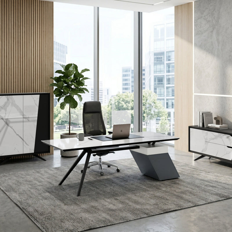 VYND Chefschreibtisch | 2400 x 800 mm, Tischplatte aus Sinterquarz, Container mit Schubladen - 2 Main Image