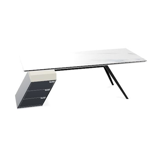 VYND Chefschreibtisch | 2400 x 800 mm, Tischplatte aus Sinterquarz, Container mit Schubladen