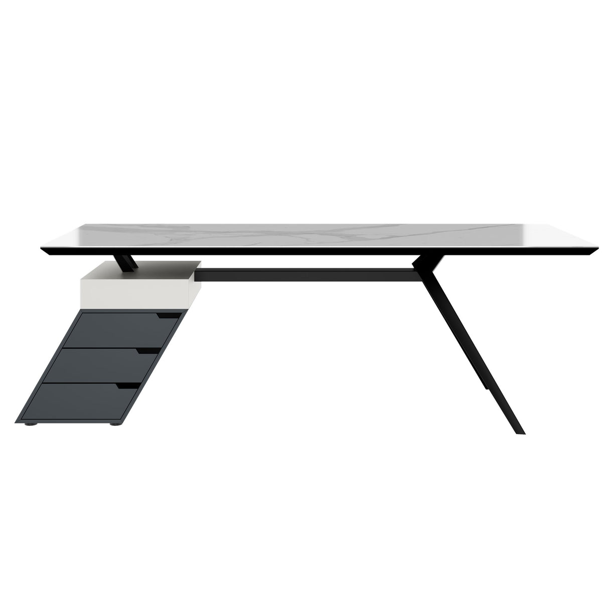 VYND Chefschreibtisch | 2400 x 800 mm, Tischplatte aus Sinterquarz, Container mit Schubladen