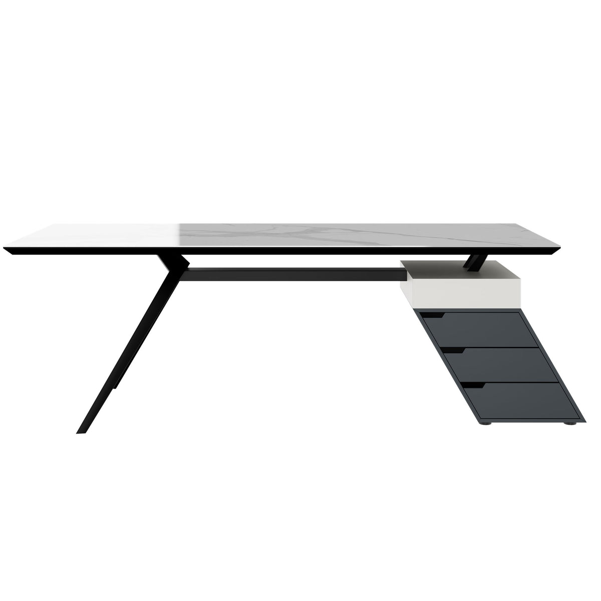 VYND Chefschreibtisch | 2400 x 800 mm, Tischplatte aus Sinterquarz, Container mit Schubladen