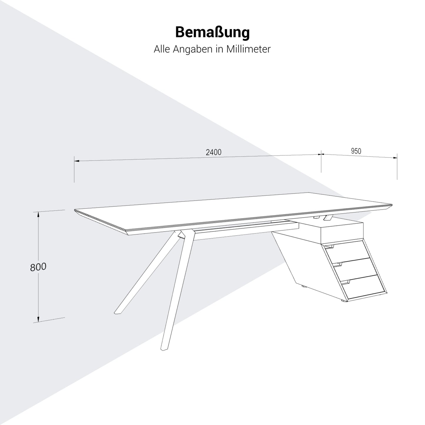 VYND Chefschreibtisch | 2400 x 800 mm, Tischplatte aus Sinterquarz, Container mit Schubladen