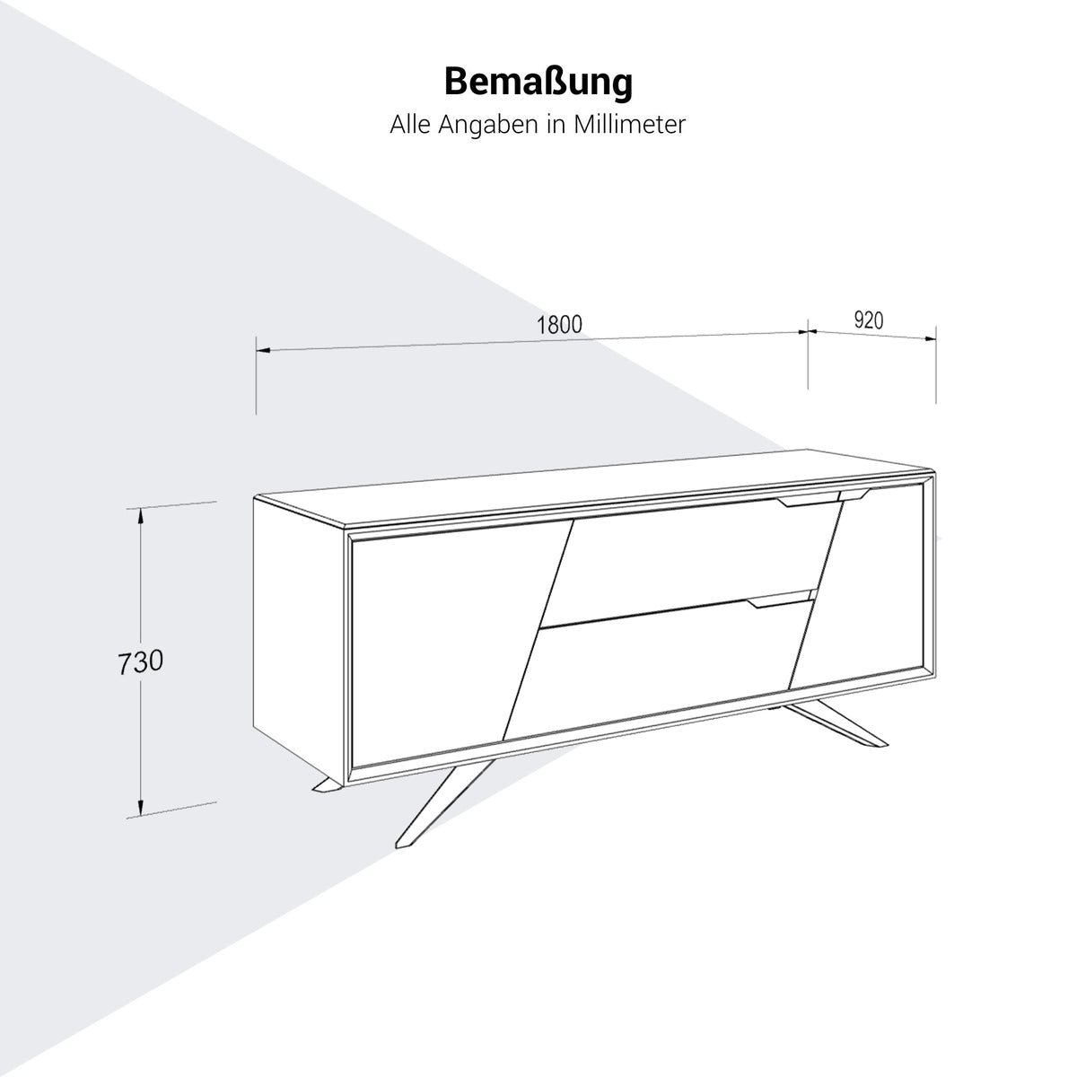 VYND Lowboard | 1800 x 780 mm, Quarzfront, Metallbeine, Schubladen