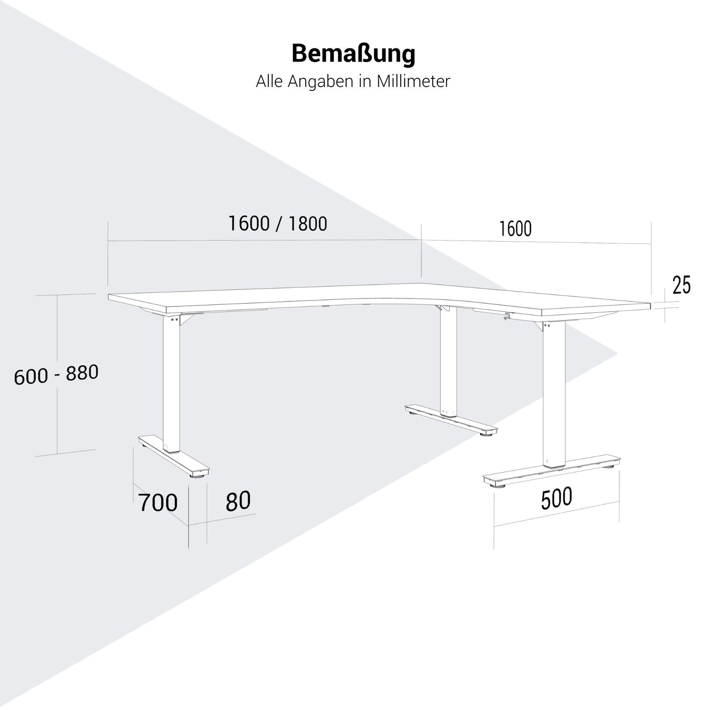 Scale Angular Desk | 1800 x 1600 mm, réglable manuellement à hauteur, gris perlé