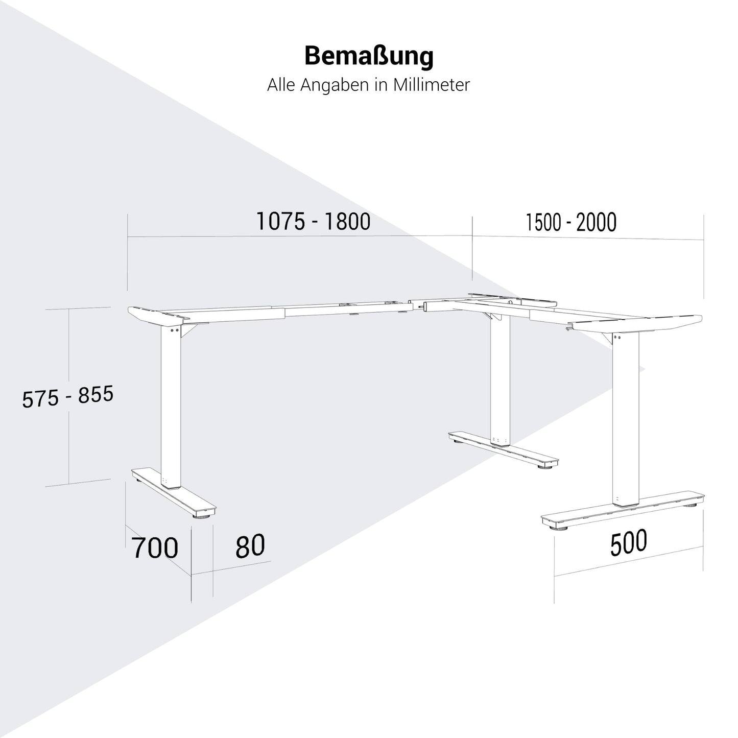 SCALE Winkel-Tischgestell | 1075 - 1800 x 1075 - 1800 mm, manuell höhenverstellbar, Silber