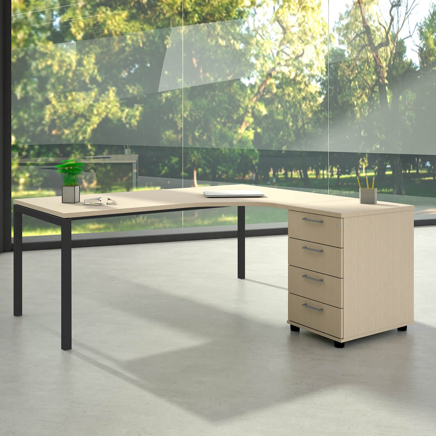 NOVA Combinaison d'angle | Avec conteneur de support, angle à droite, 1800 x 1630 mm, érable
