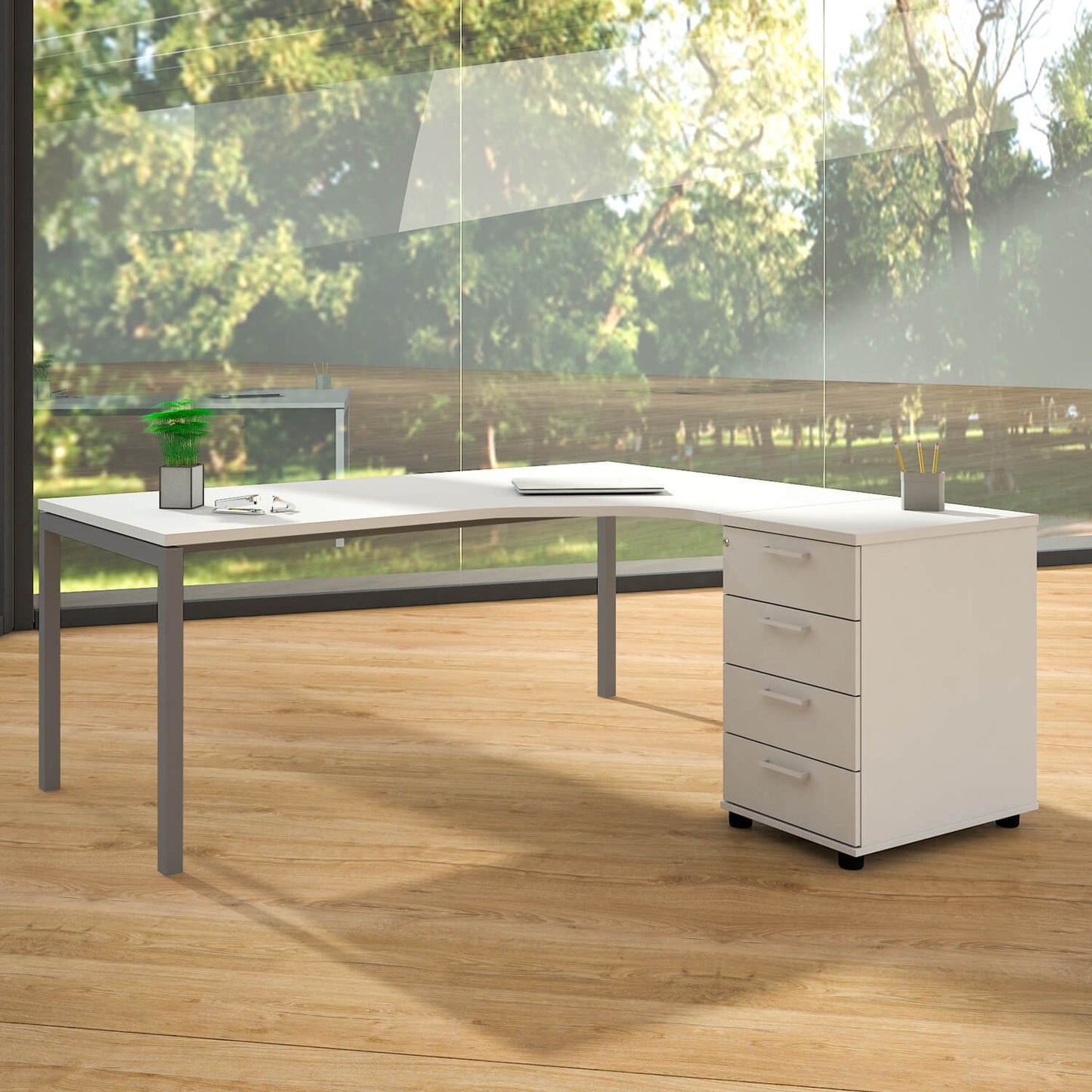 NOVA Winkelkombination | Mit Standcontainer, Winkel rechts, 1800 x 1630 mm, Weiß