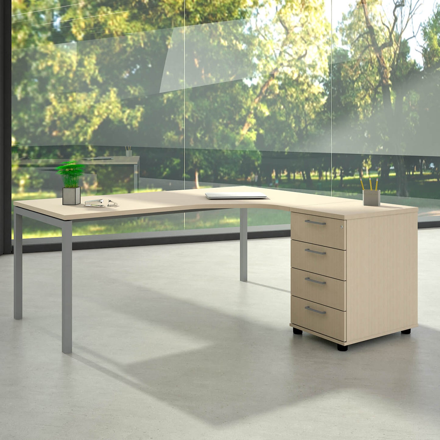 NOVA Combinaison d'angle | Avec conteneur de support, angle à droite, 1800 x 1630 mm, érable