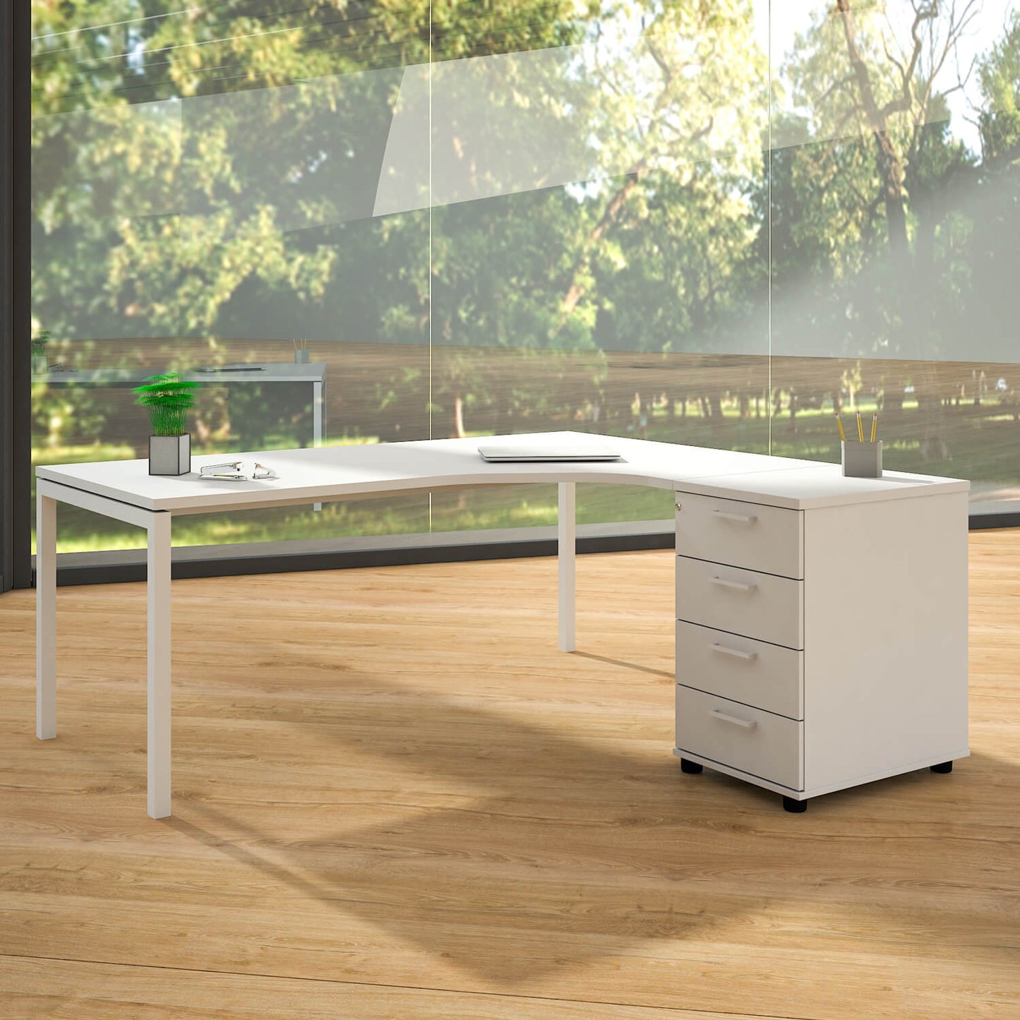 NOVA Angle combination | With stand container, angle on the right, 1800 x 1630 mm, white