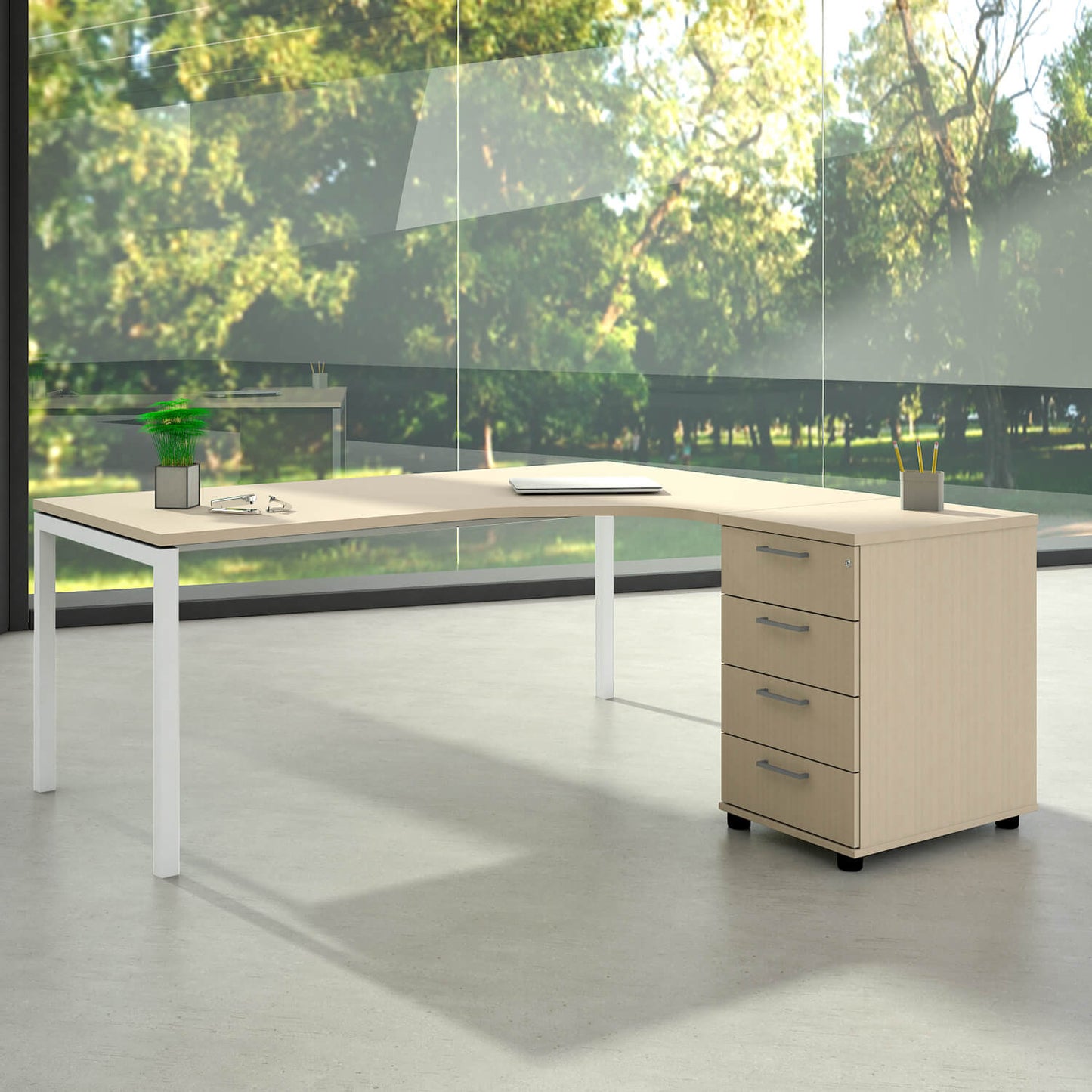 NOVA Combinaison d'angle | Avec conteneur de support, angle à droite, 1800 x 1630 mm, érable