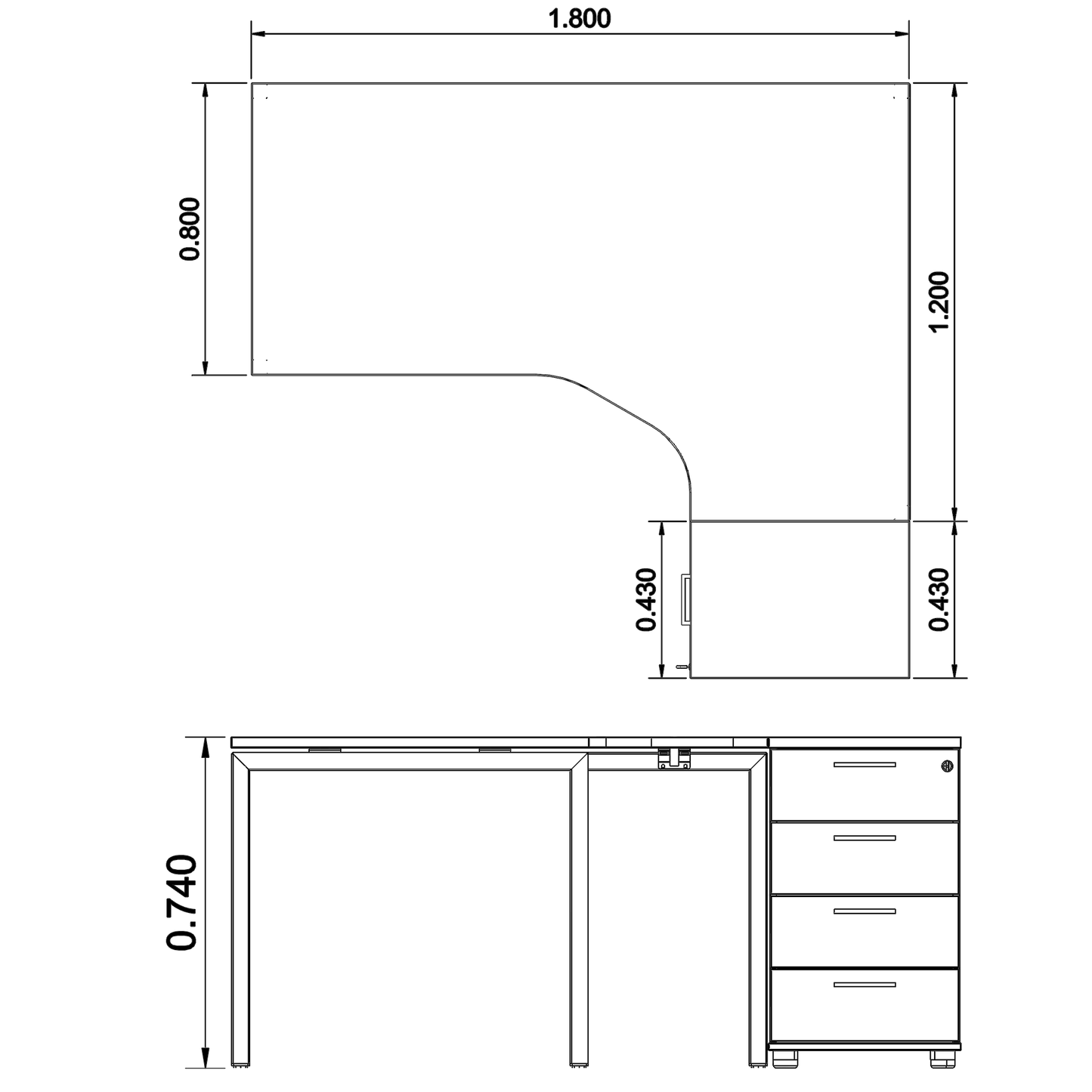 NOVA angle combination | With stand container, angle right, 1800 x 1630 mm, white